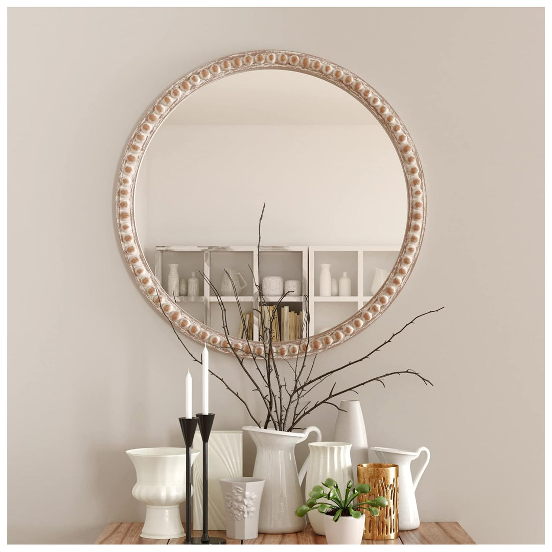 COZAYH Distressed Wood Frame Round Accent Mirror Farmhouse Wall Decor, 30 Inch