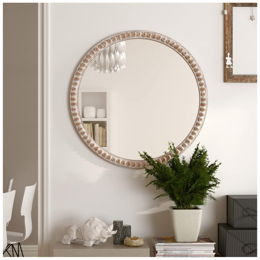 COZAYH Distressed Wood Frame Round Accent Mirror Farmhouse Wall Decor, 30 Inch