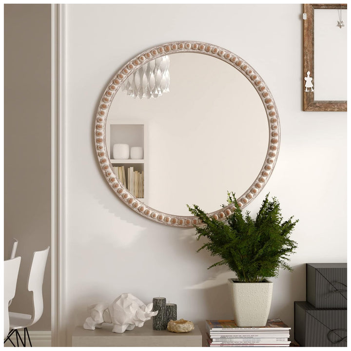 COZAYH Distressed Wood Frame Round Accent Mirror Farmhouse Wall Decor, 30 Inch