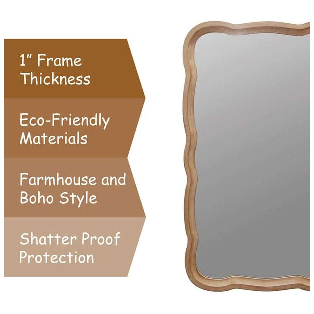COZAYH Curved Wood Frame Accent Mirror, Modern Farmhouse Wall Decor, Natural