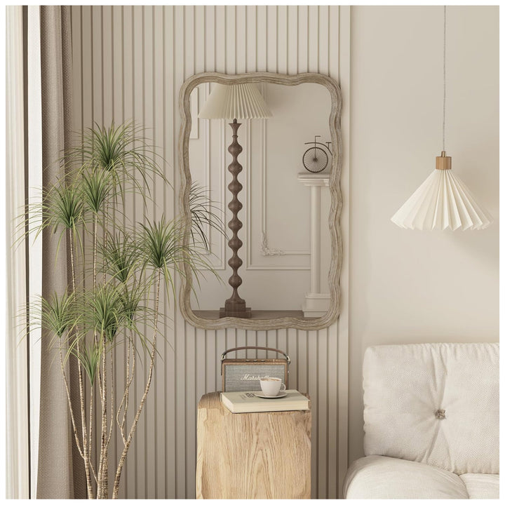 COZAYH Curved Wood Frame Accent Mirror, Modern Farmhouse Wall Decor, Natural