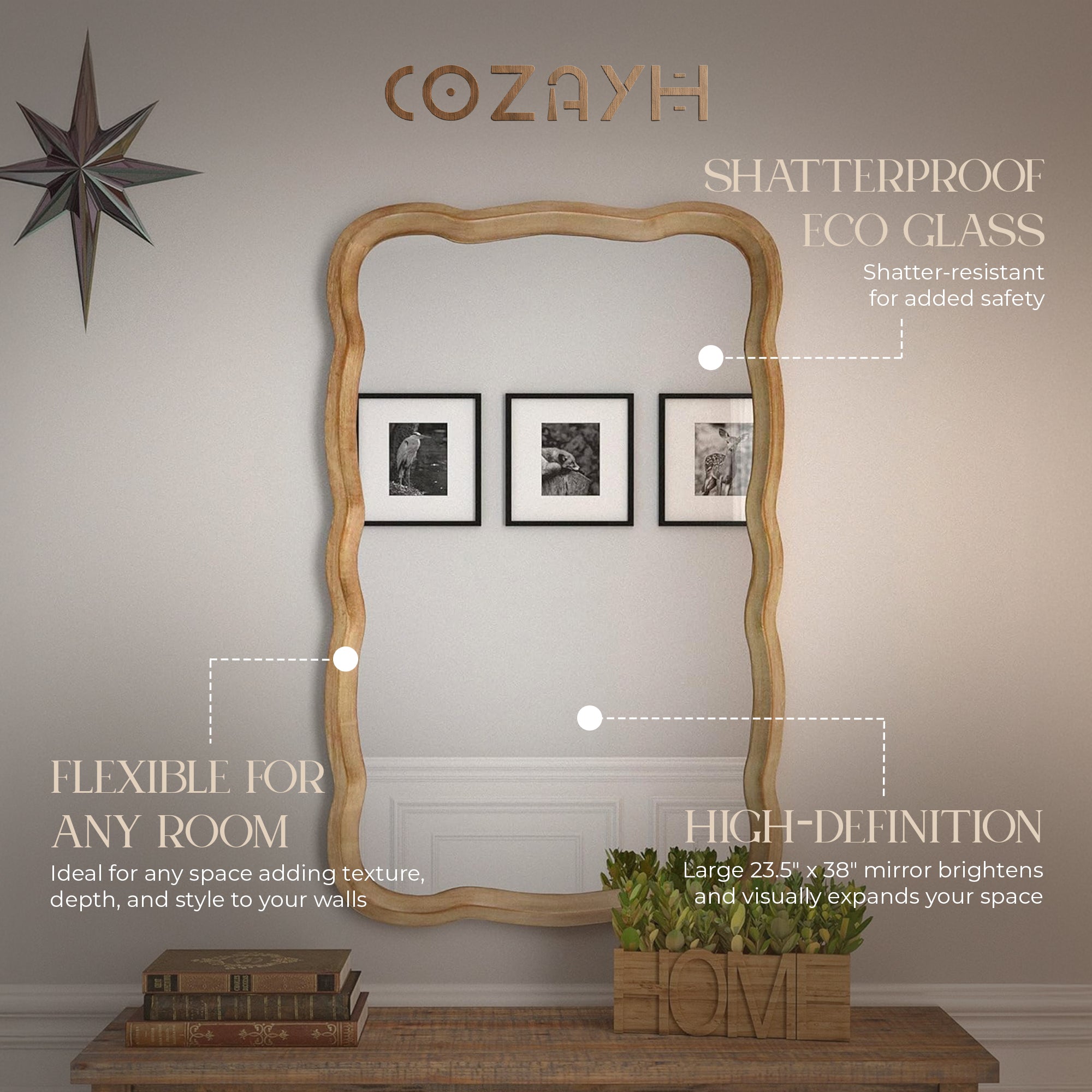 COZAYH Curved Wood Frame Accent Mirror, Modern Farmhouse Wall Decor (Open Box)