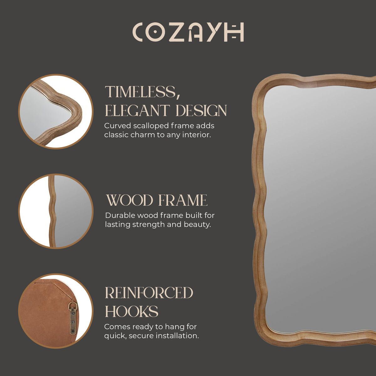 COZAYH Curved Wood Frame Accent Mirror, Modern Farmhouse Wall Decor (Open Box) - VMInnovations