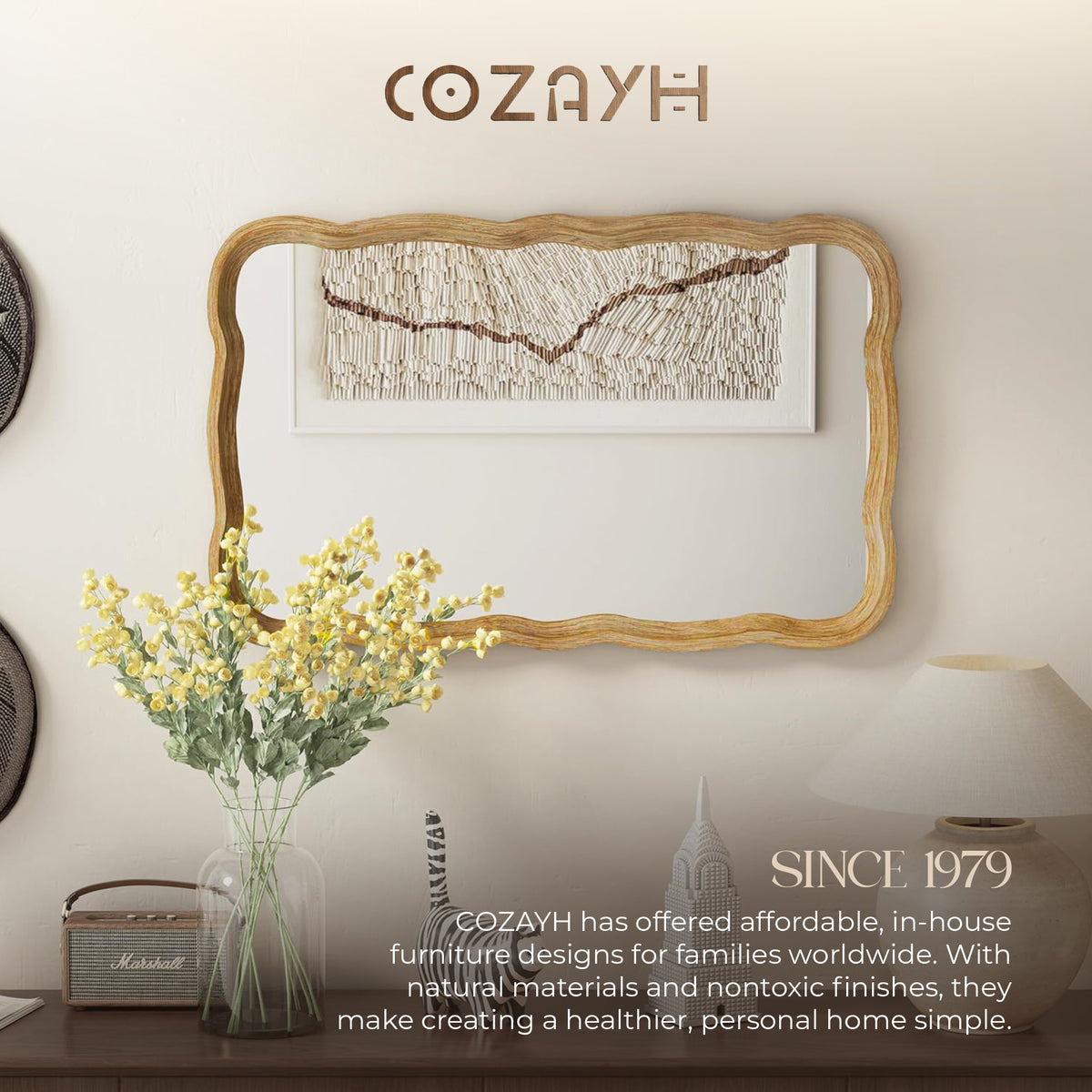 COZAYH Curved Wood Frame Accent Mirror, Modern Farmhouse Wall Decor (Open Box) - VMInnovations