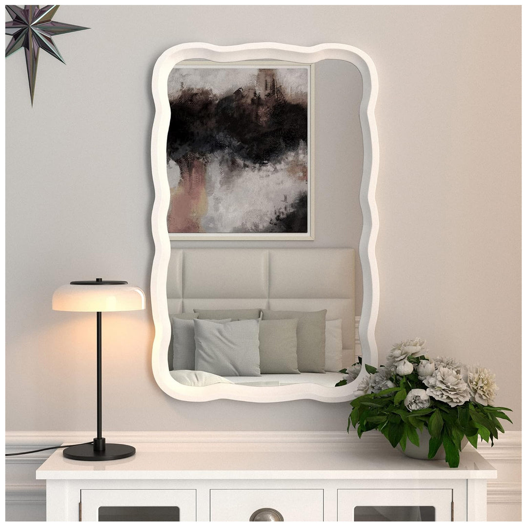 COZAYH Curved Wood Frame Accent Mirror, Modern Farmhouse Wall Decor, White