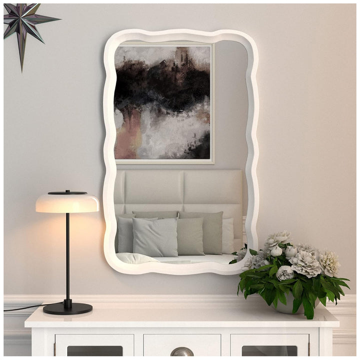 COZAYH Curved Wood Frame Accent Mirror, Modern Farmhouse Wall Decor, White