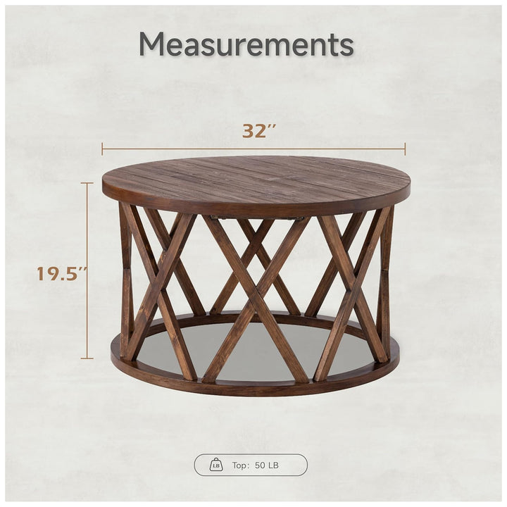 COZAYH Rustic Round Coffee Table with X-Motif Base for Living Room, Brown