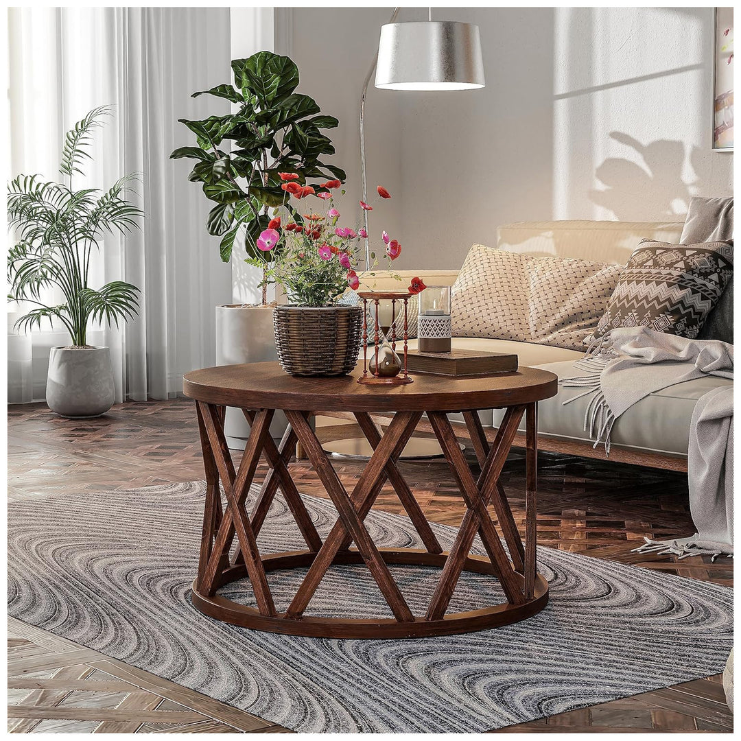 COZAYH Rustic Round Coffee Table with X-Motif Base for Living Room, Brown
