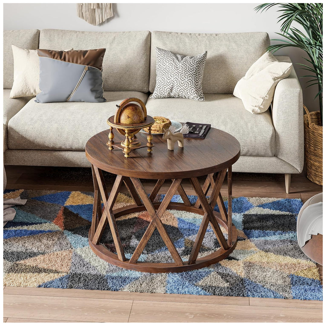 COZAYH Rustic Round Coffee Table with X-Motif Base for Living Room, Brown