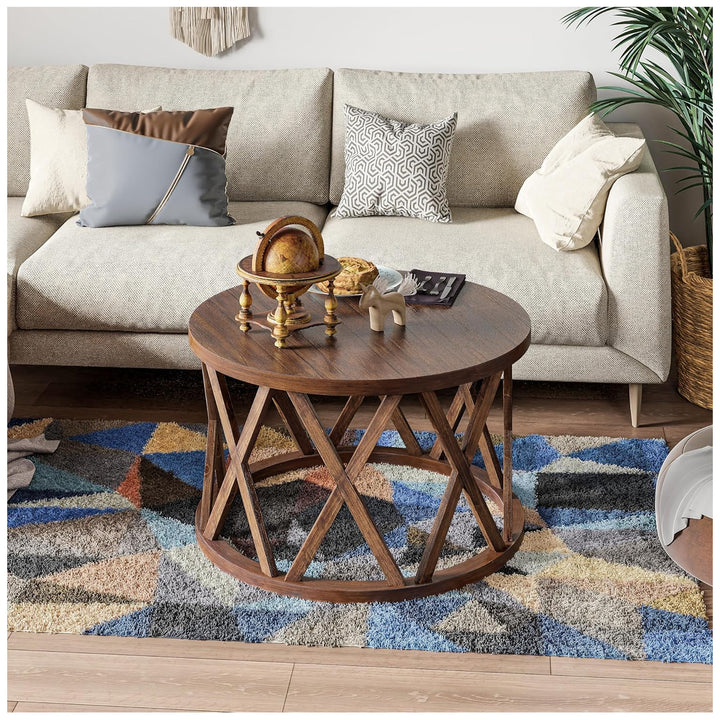 COZAYH Rustic Round Coffee Table with X-Motif Base for Living Room, Brown