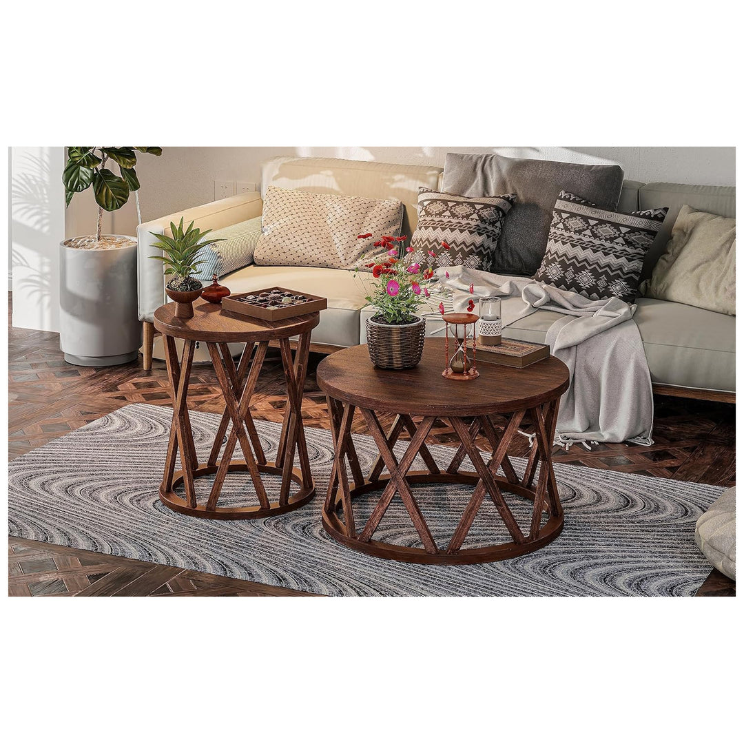 COZAYH Rustic Round Coffee Table with X-Motif Base for Living Room, Brown