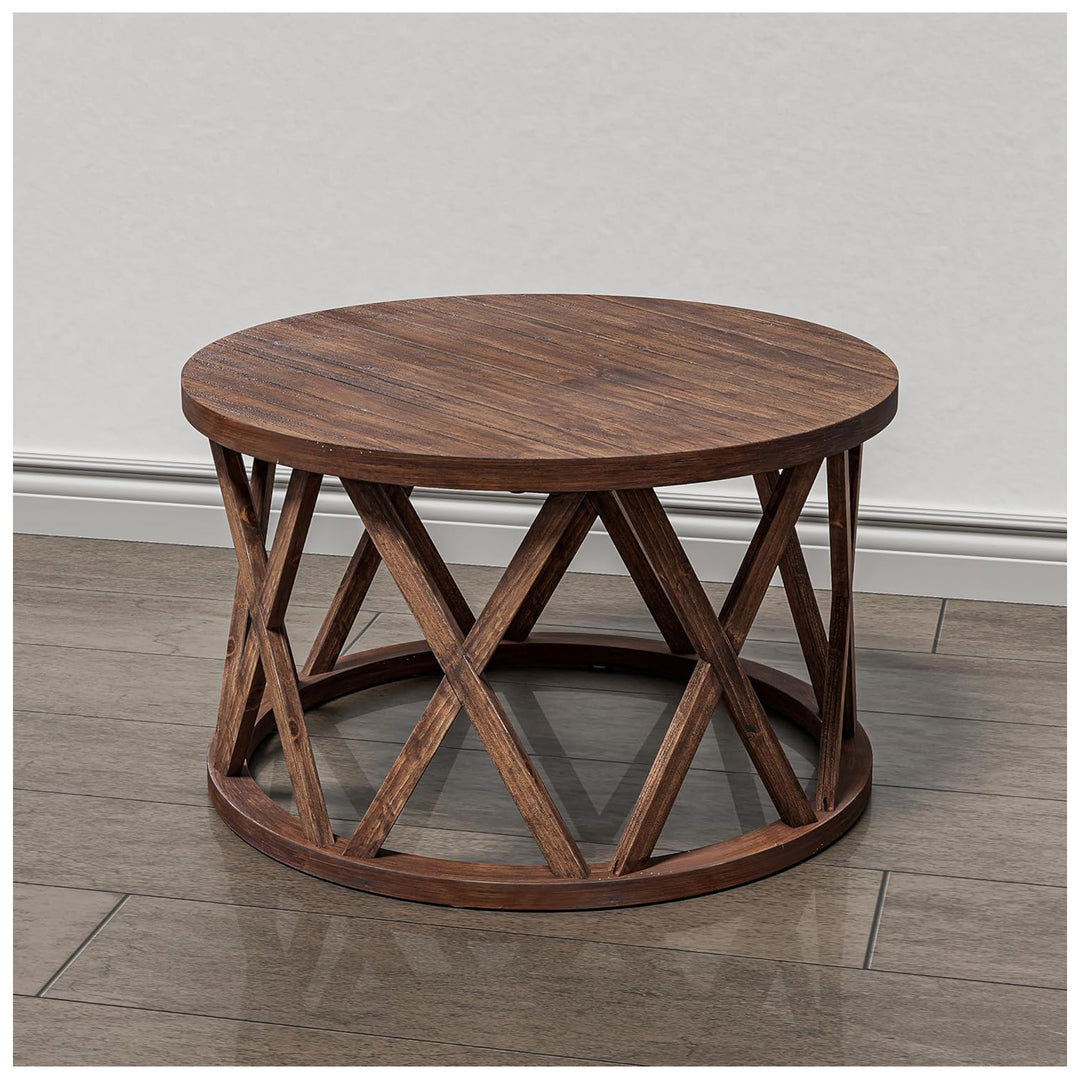 COZAYH Rustic Round Coffee Table with X-Motif Base for Living Room, Brown