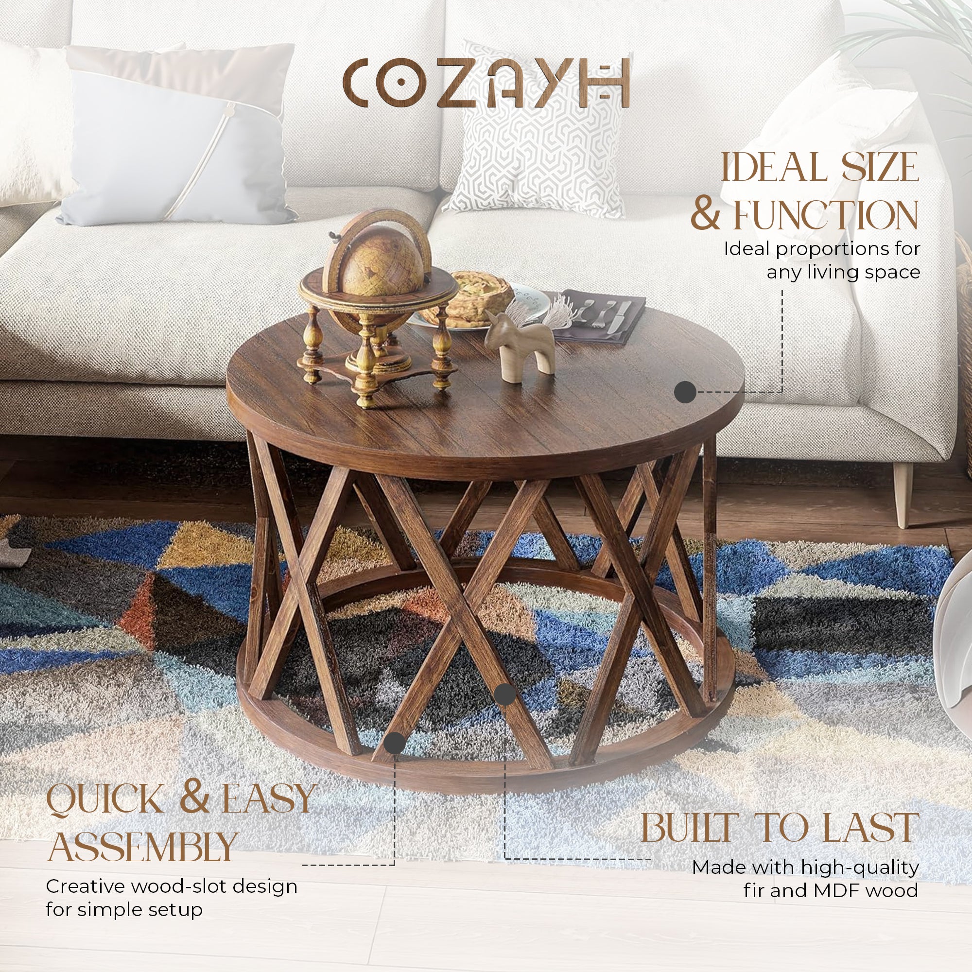COZAYH Rustic Coffee Table with X-Motif Base for Living Room, Brown (Open Box) - VMInnovations