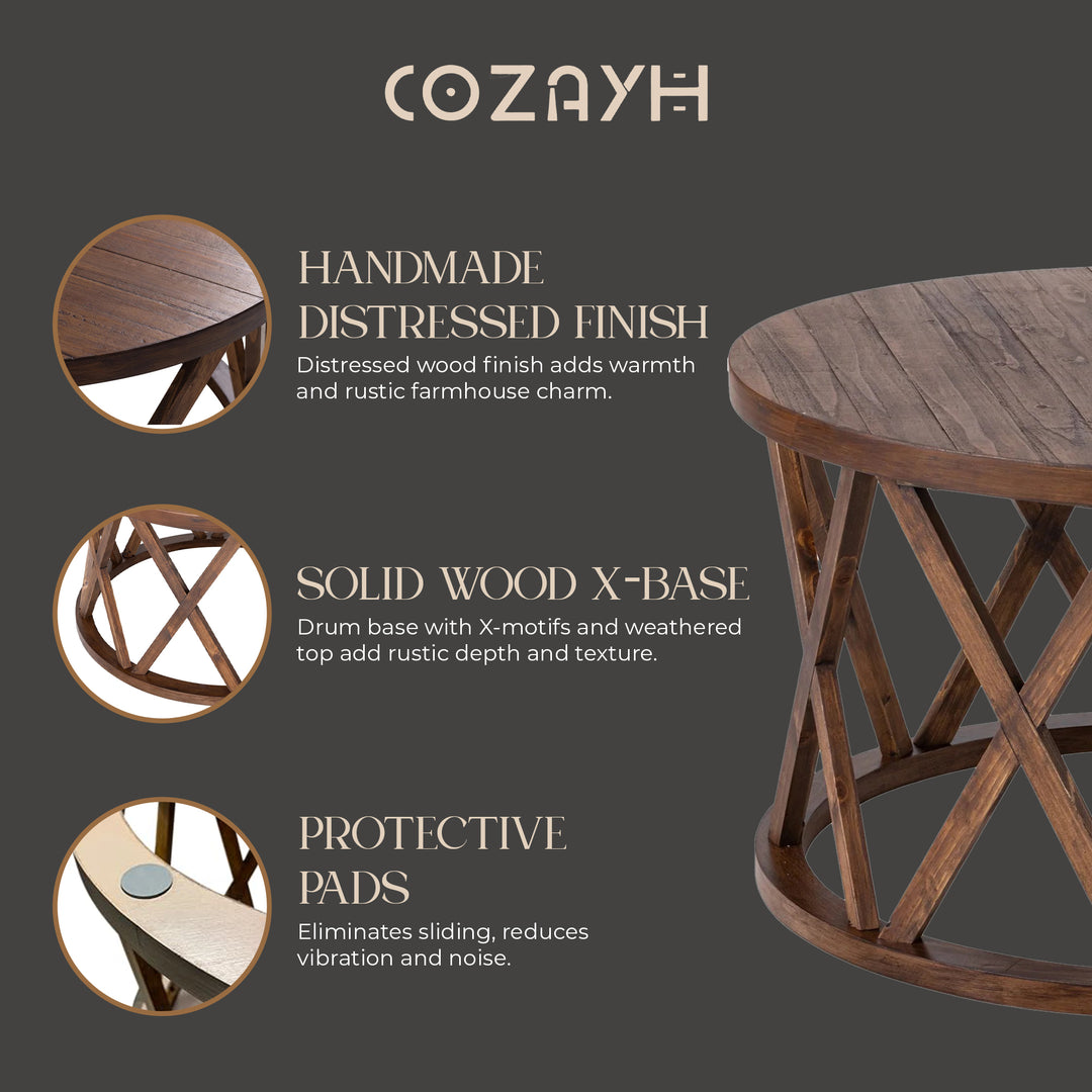 COZAYH Rustic Round Coffee Table with X-Motif Base for Living Room, Brown