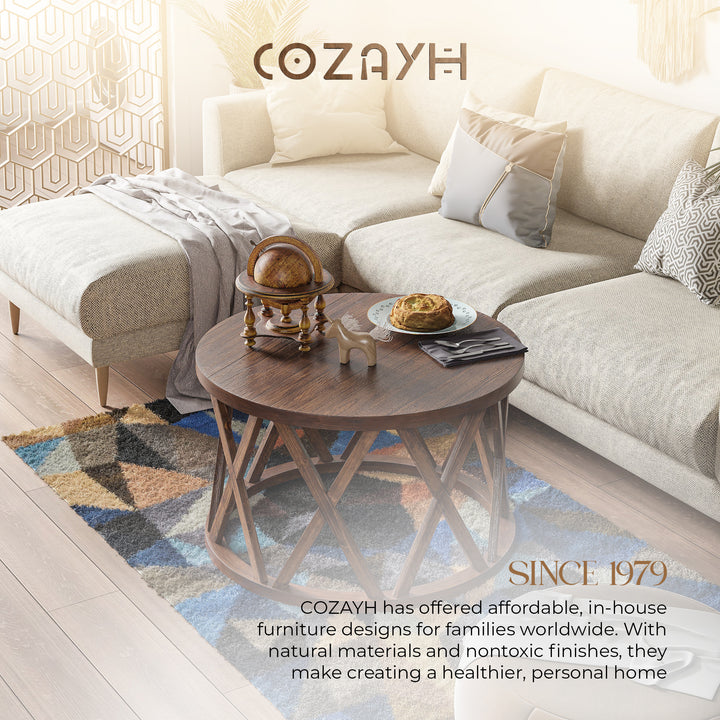COZAYH Rustic Round Coffee Table with X-Motif Base for Living Room, Brown