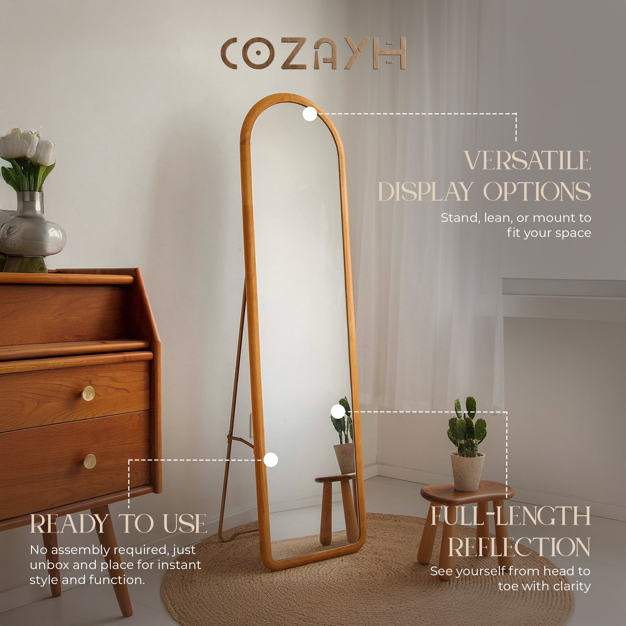 COZAYH Arched Full Length Mirror with Stand, Solid Wood Frame, 59.5 x 16 Inch - VMInnovations