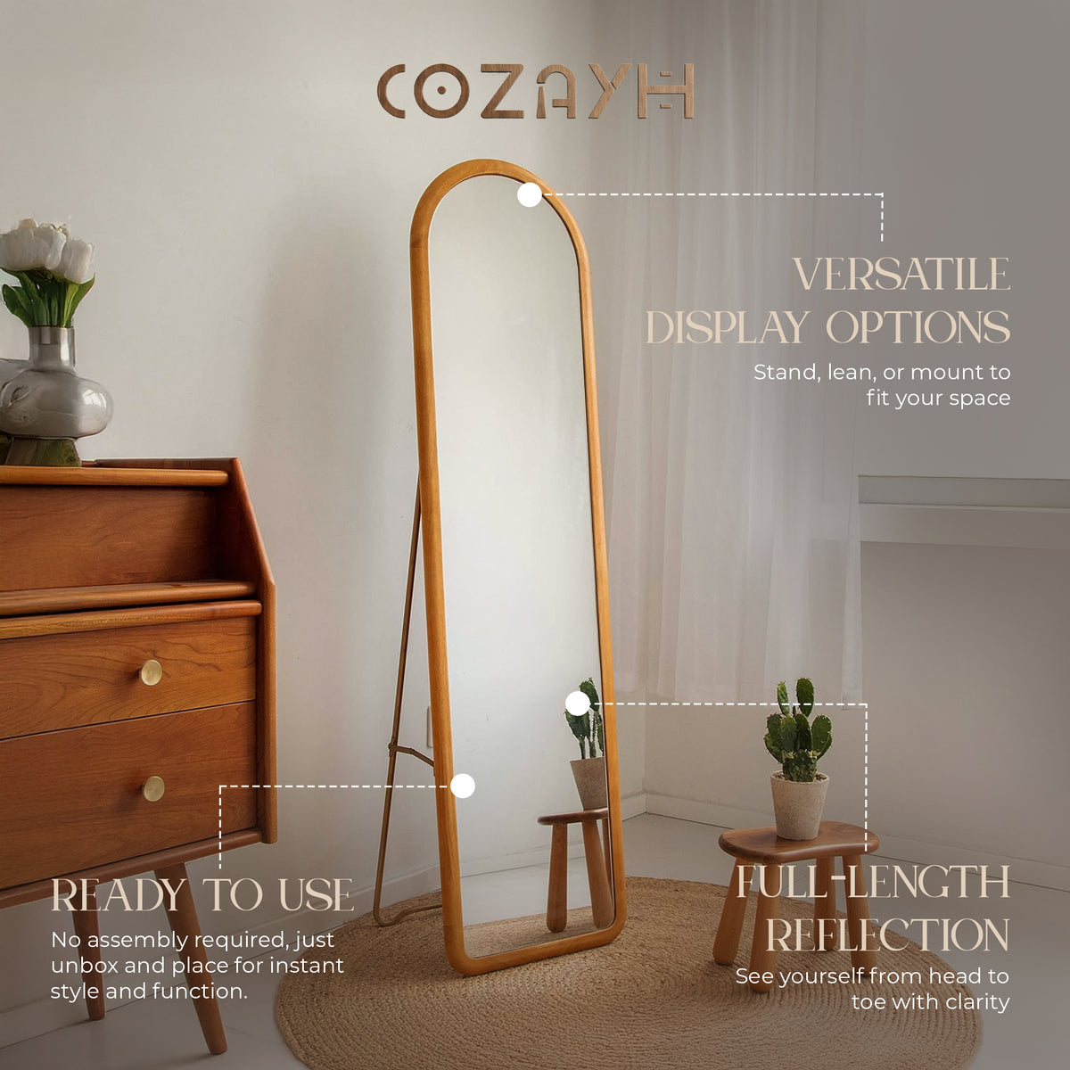 COZAYH Arched Full Length Mirror with Stand, Solid Wood Frame (Open Box) - VMInnovations