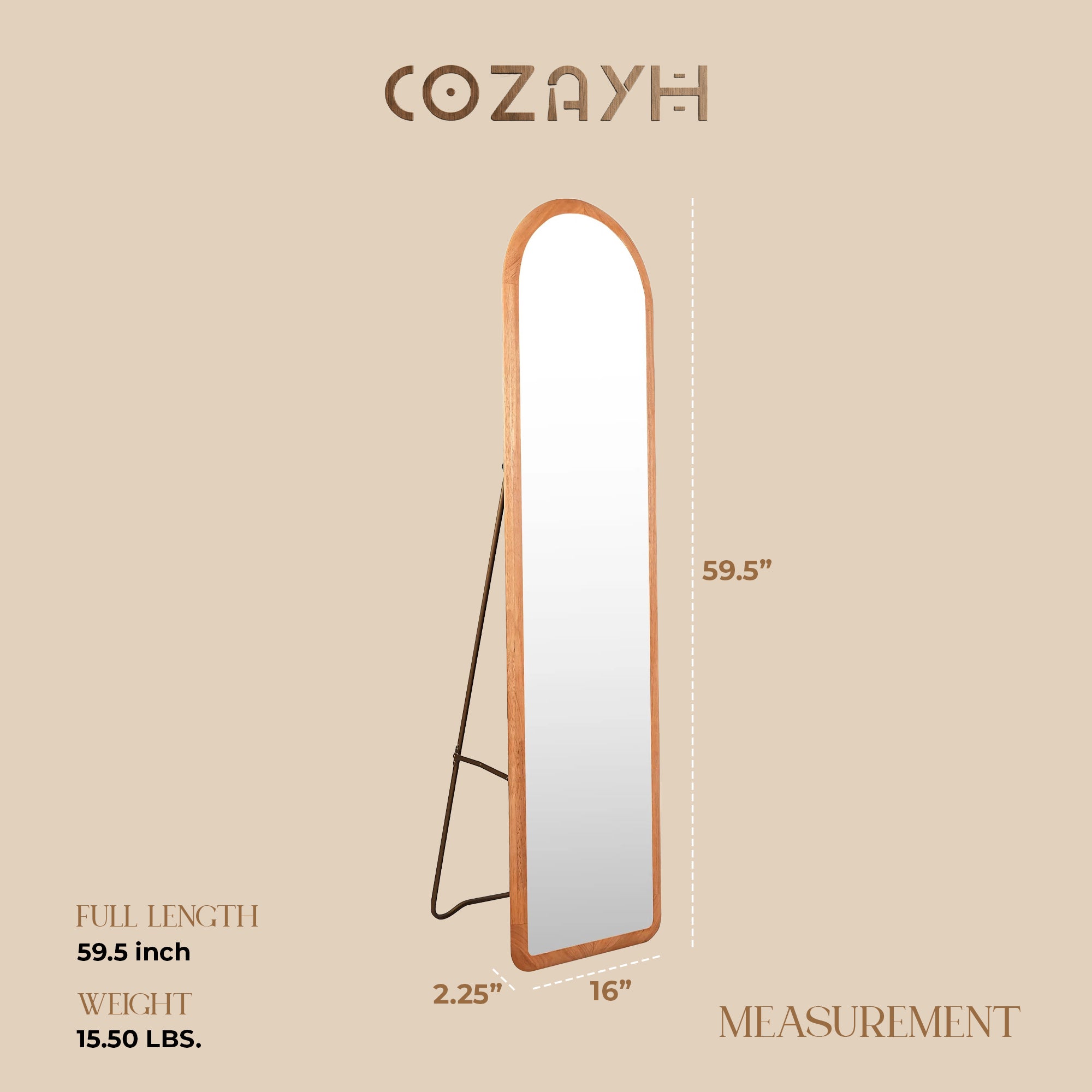 COZAYH Arched Full Length Mirror with Stand, Solid Wood Frame (Open Box) - VMInnovations
