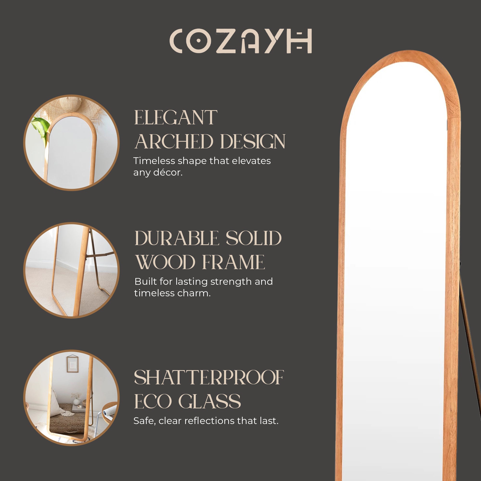 COZAYH Arched Full Length Mirror with Stand, Solid Wood Frame (Open Box) - VMInnovations