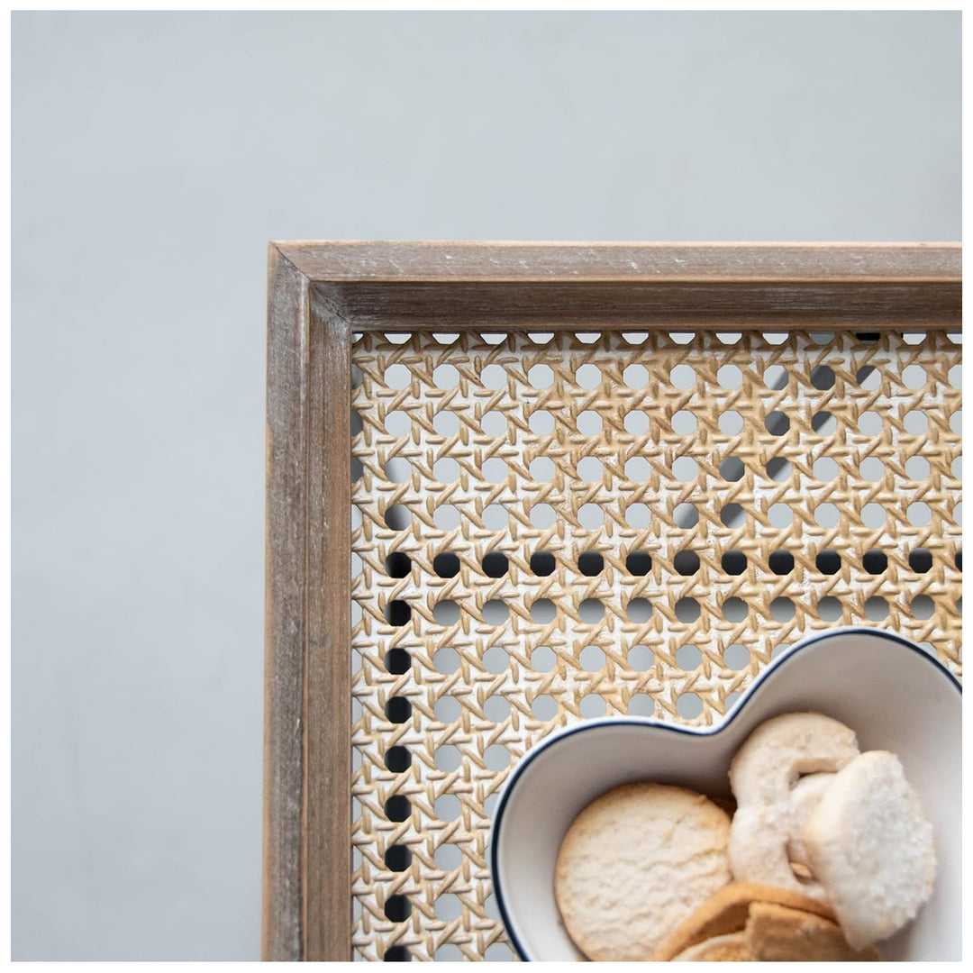 COZAYH Farmhouse C End Table, Accent Furniture with Woven Rattan Tray Top, Black