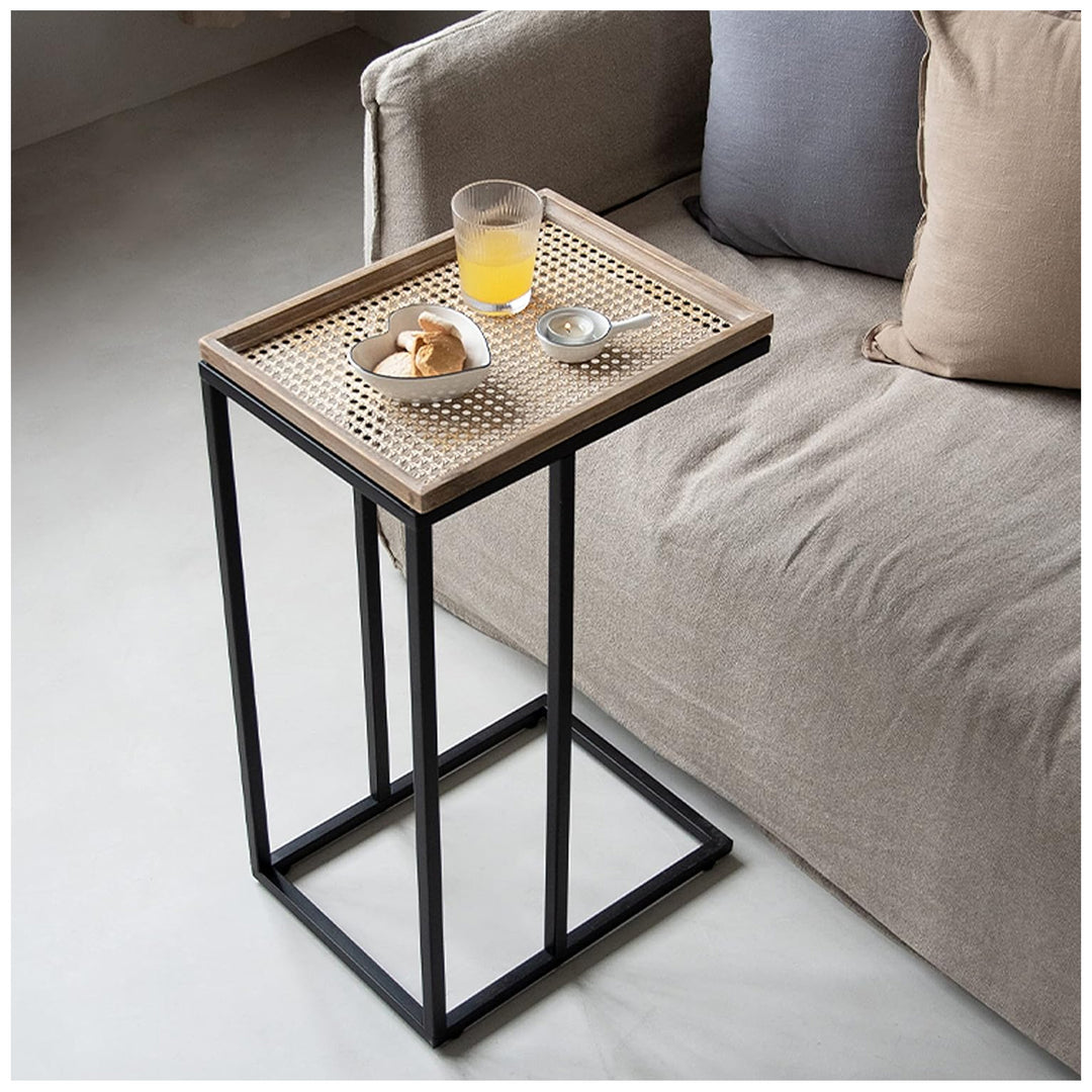 COZAYH Farmhouse C End Table, Accent Furniture with Woven Rattan Tray Top, Black