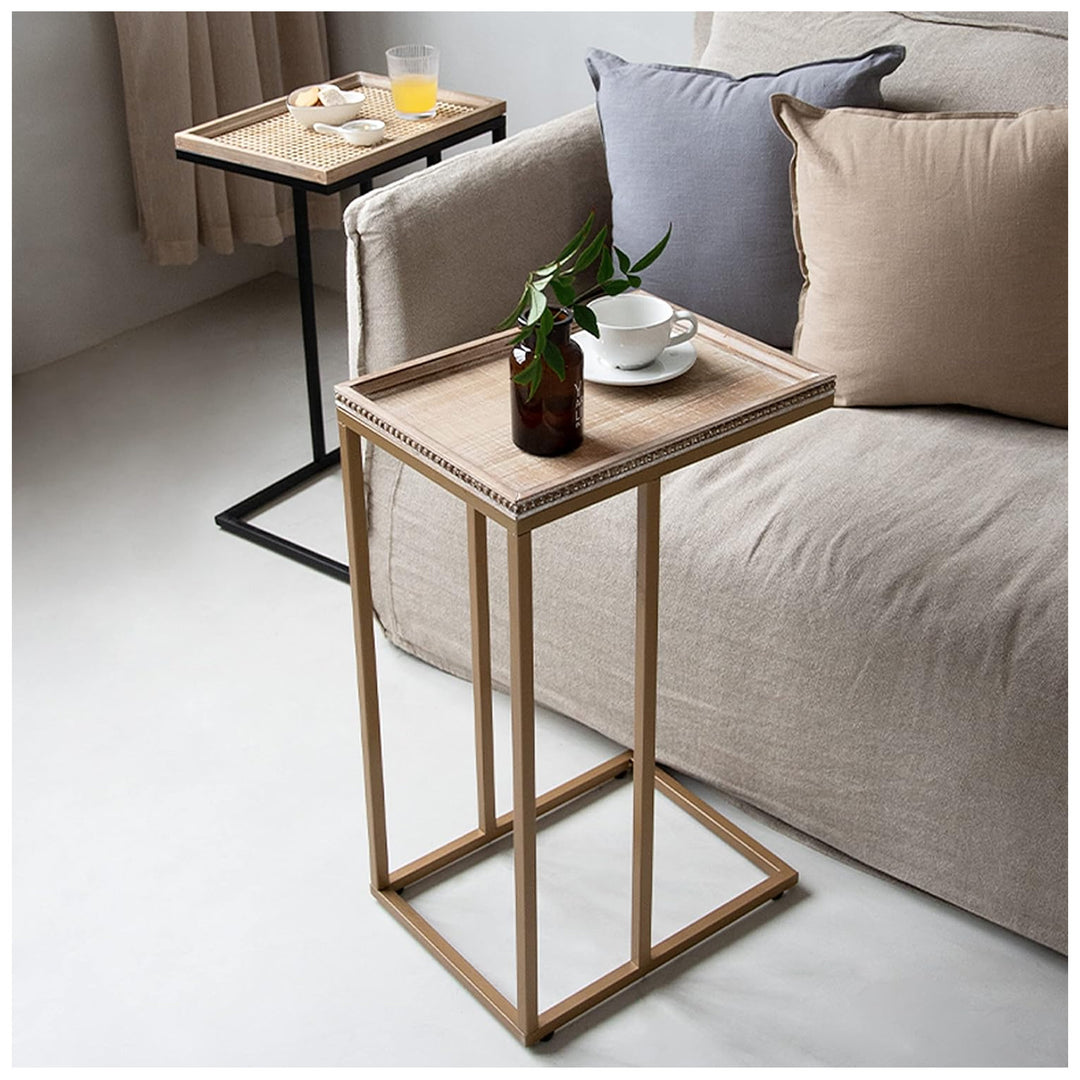 COZAYH Farmhouse C End Table, Accent Furniture with Woven Rattan Tray Top, Black