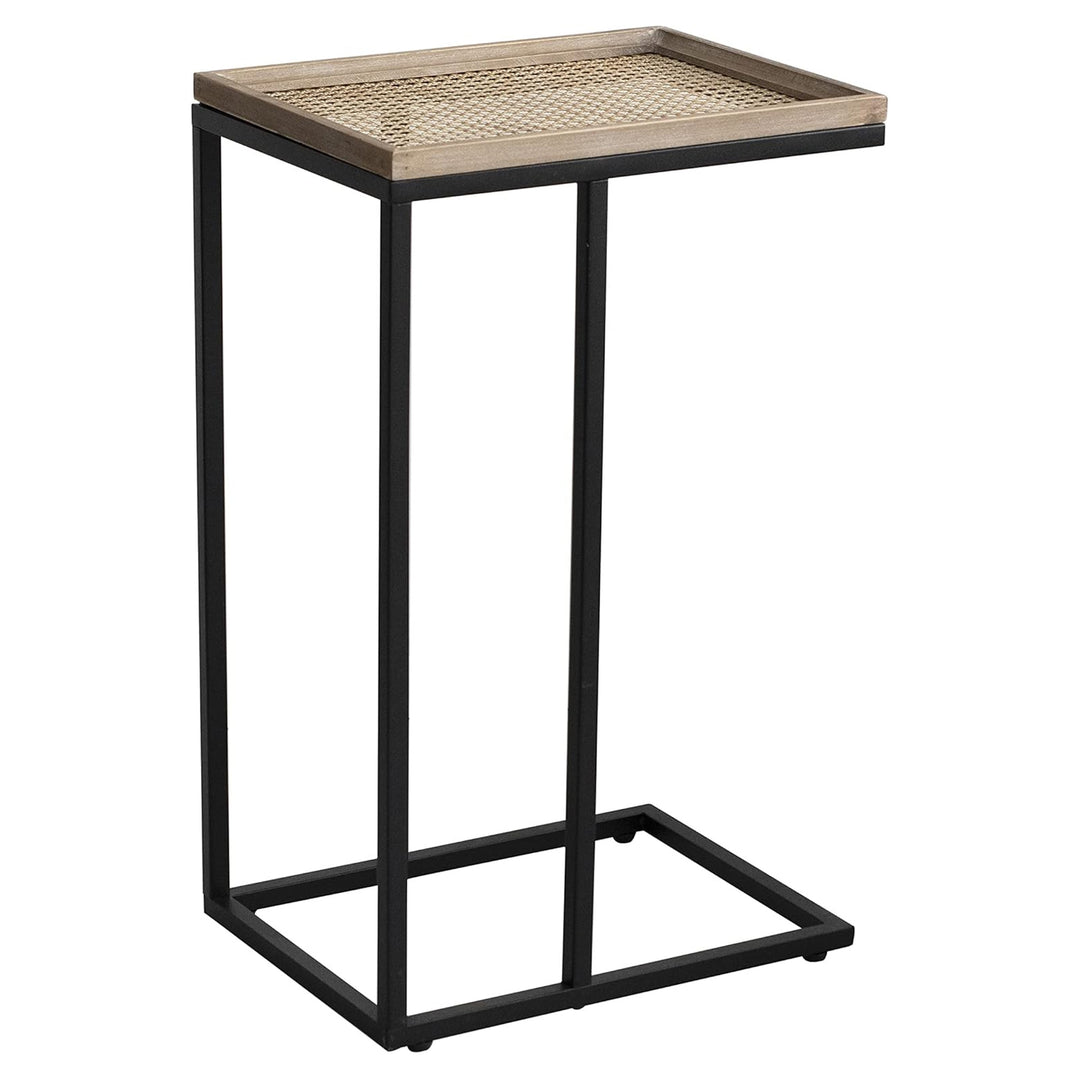 COZAYH Farmhouse C End Table, Accent Furniture with Woven Rattan Tray Top, Black