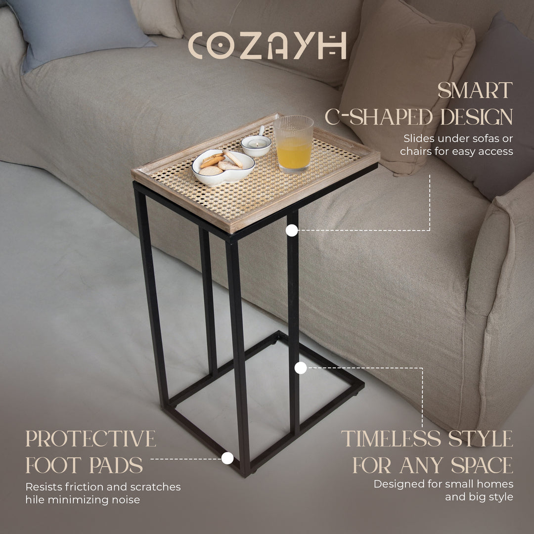 COZAYH Farmhouse C End Table, Accent Furniture with Woven Rattan Tray Top, Black