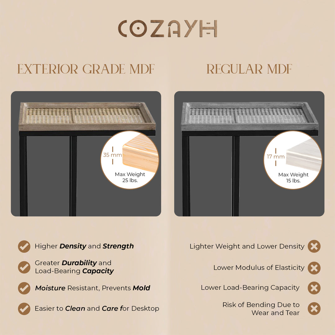 COZAYH Farmhouse C End Table, Accent Furniture with Woven Rattan Tray Top, Black