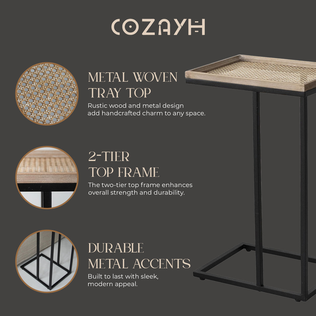 COZAYH Farmhouse C End Table, Accent Furniture with Woven Rattan Tray Top, Black