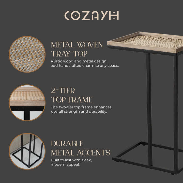COZAYH Farmhouse C End Table, Accent Furniture with Woven Rattan Tray Top, Black