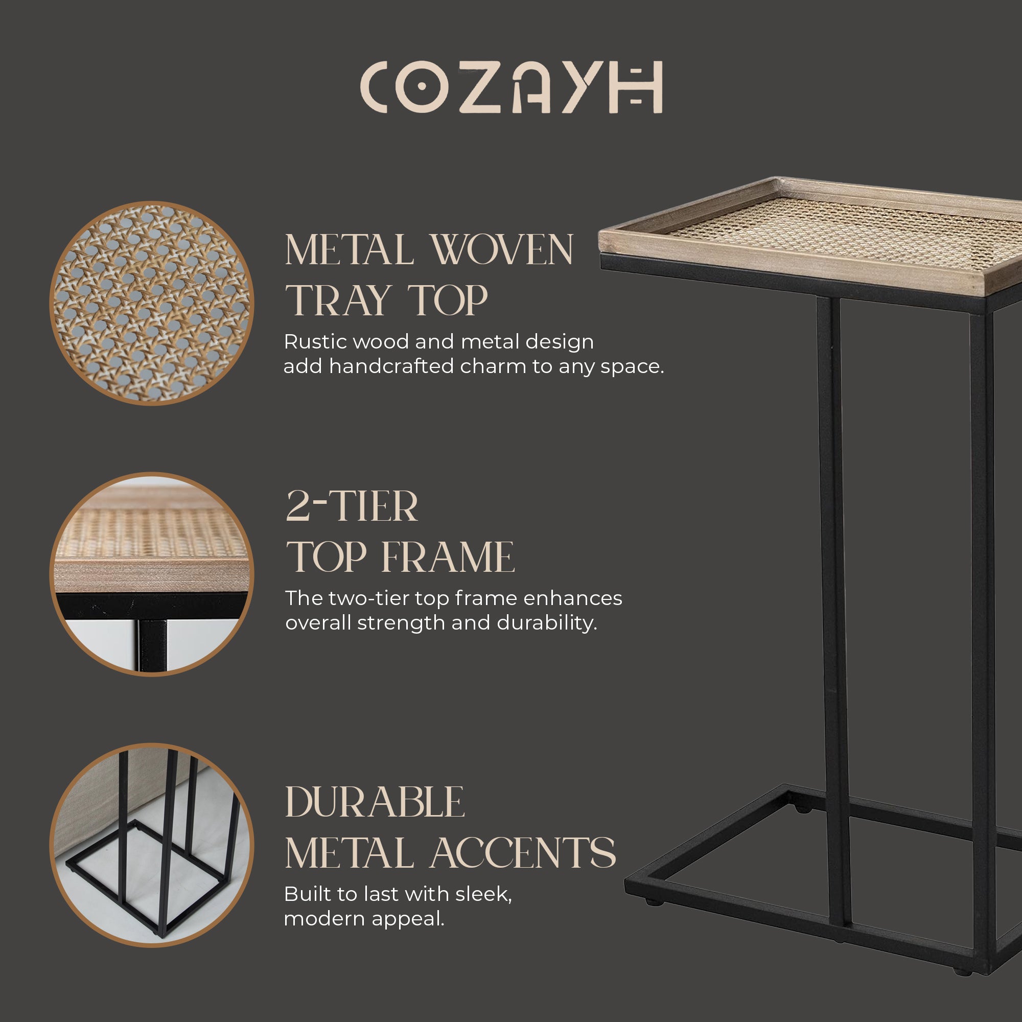 COZAYH Farmhouse C End Table, Accent Furniture w/Woven Metal Tray Top(Open Box)