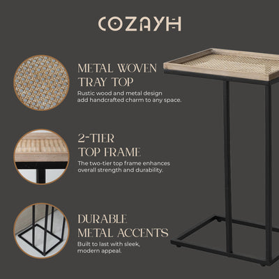 COZAYH Farmhouse C End Table, Accent Furniture w/Woven Metal Tray Top(Open Box)