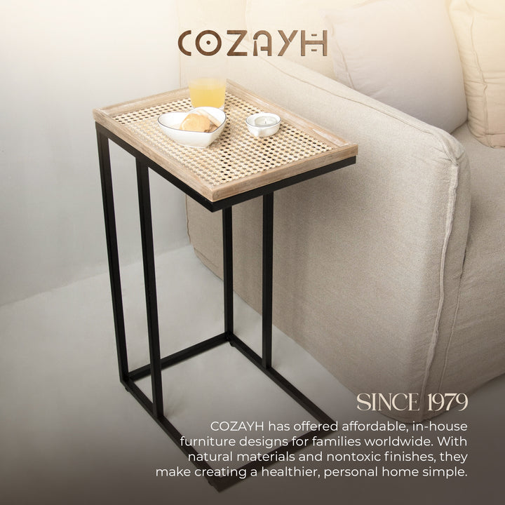 COZAYH Farmhouse C End Table, Accent Furniture with Woven Rattan Tray Top, Black