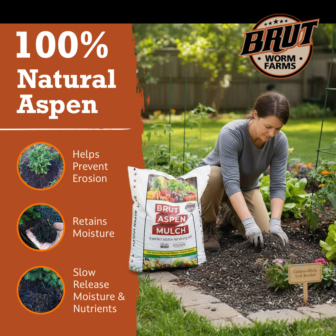 Brut Worm Farms Organic Aspen Mulch, High Water Retention for Gardens, 28 lbs. - VMInnovations