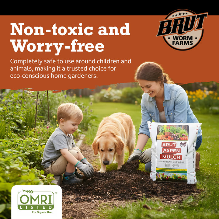 Brut Worm Farms Organic Aspen Mulch, High Water Retention for Gardens, 28 lbs. - VMInnovations