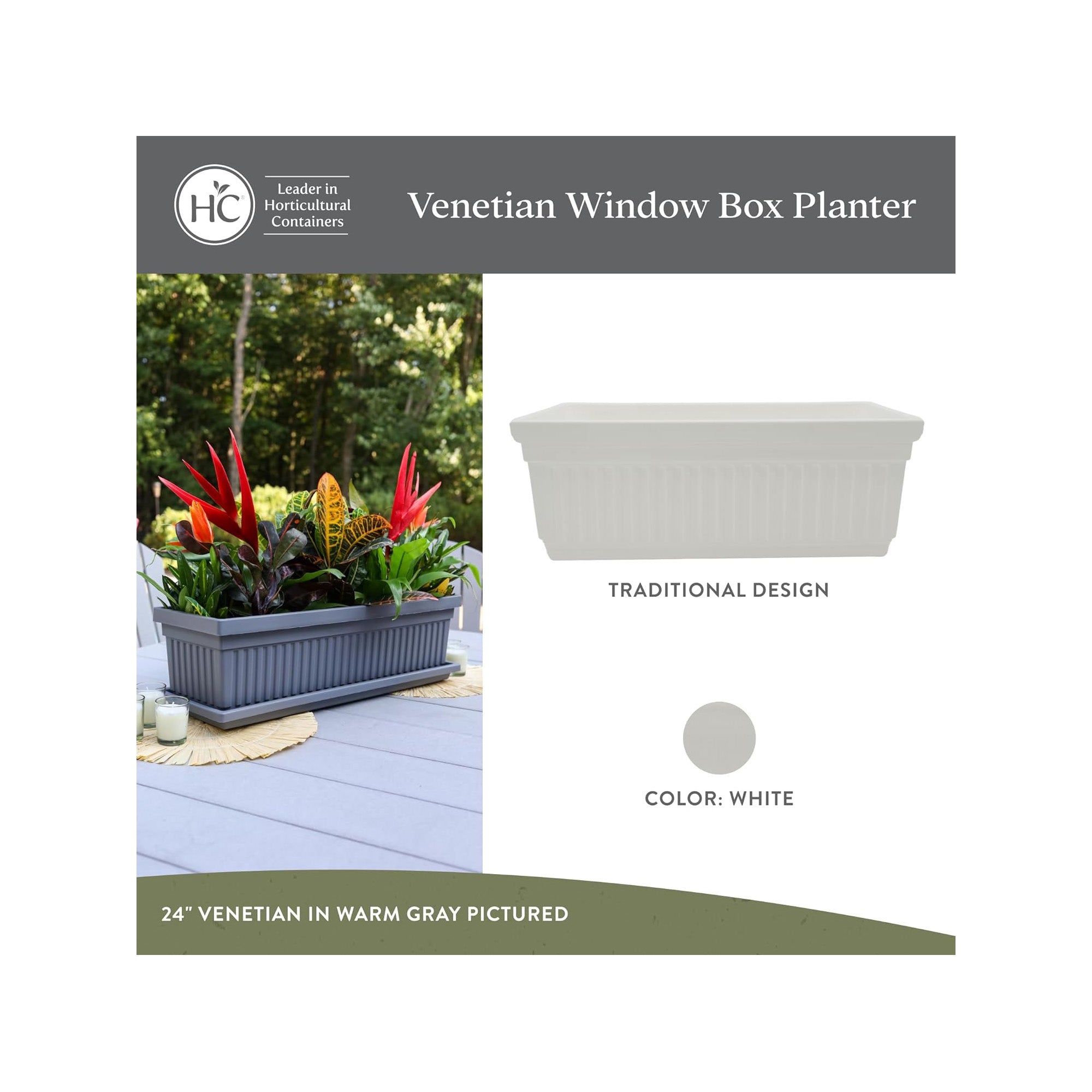 The HC Companies 18-Inch Venetian Window Planter Box with Drain Plug, White - VMInnovations