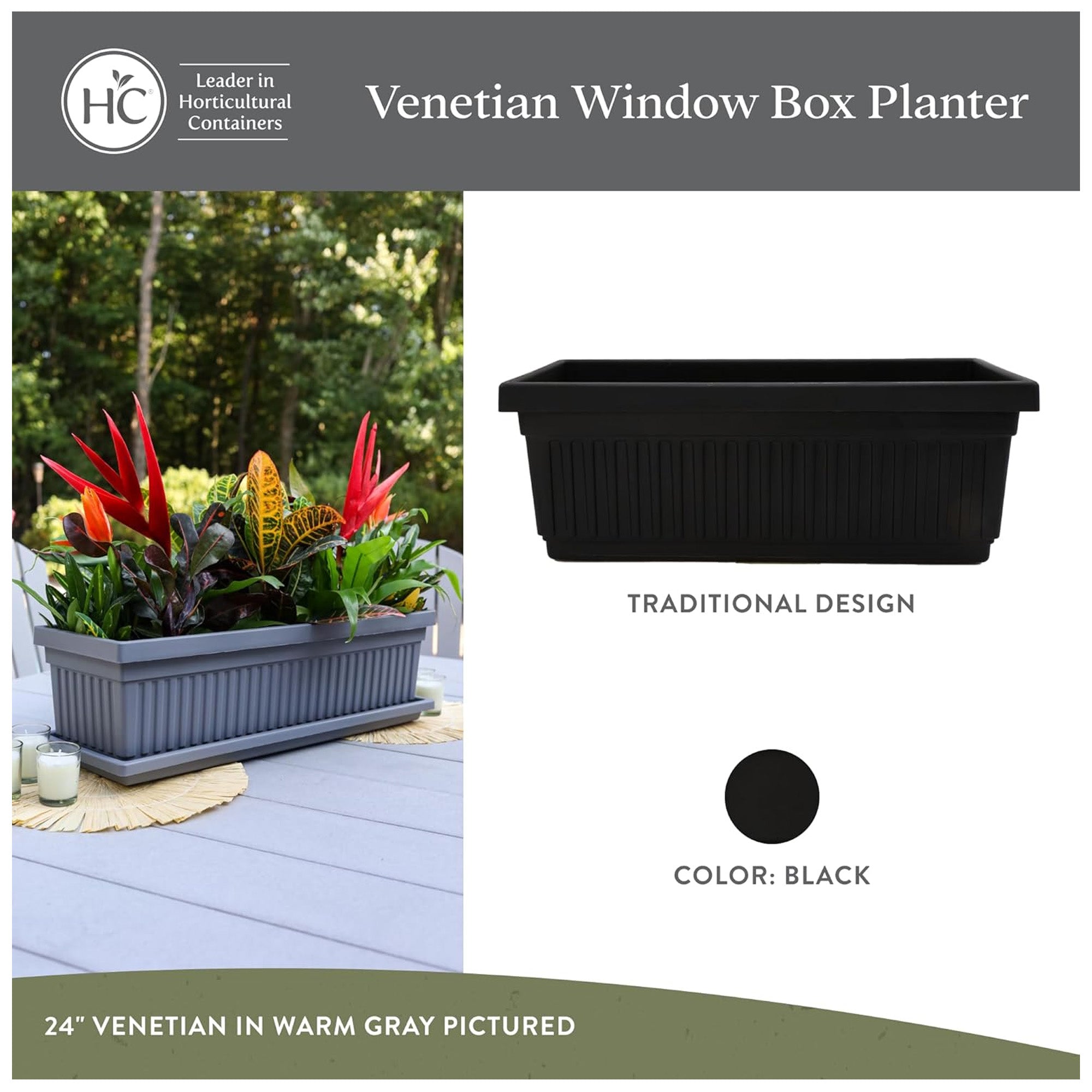 The HC Companies 18-Inch Venetian Window Planter Box with Drain Plug, Black - VMInnovations