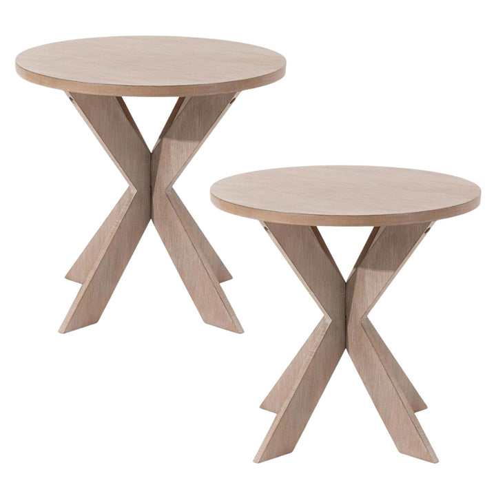 COZAYH Farmhouse Round Wooden End Table with Cross Legs, Vintage Grey, Set of 2