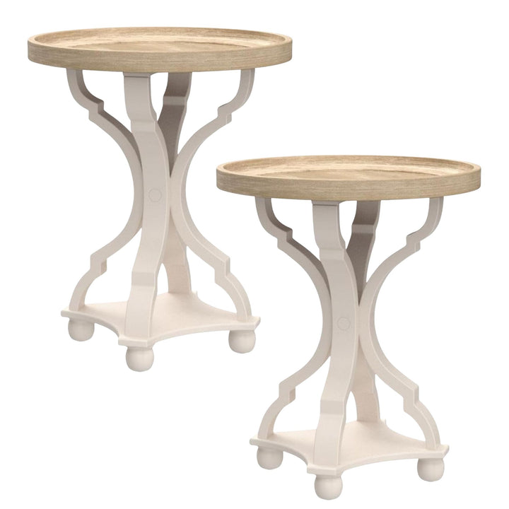 COZAYH Round Rustic Wood Accent Tray Top Nightstand Side Table, White, Set of 2