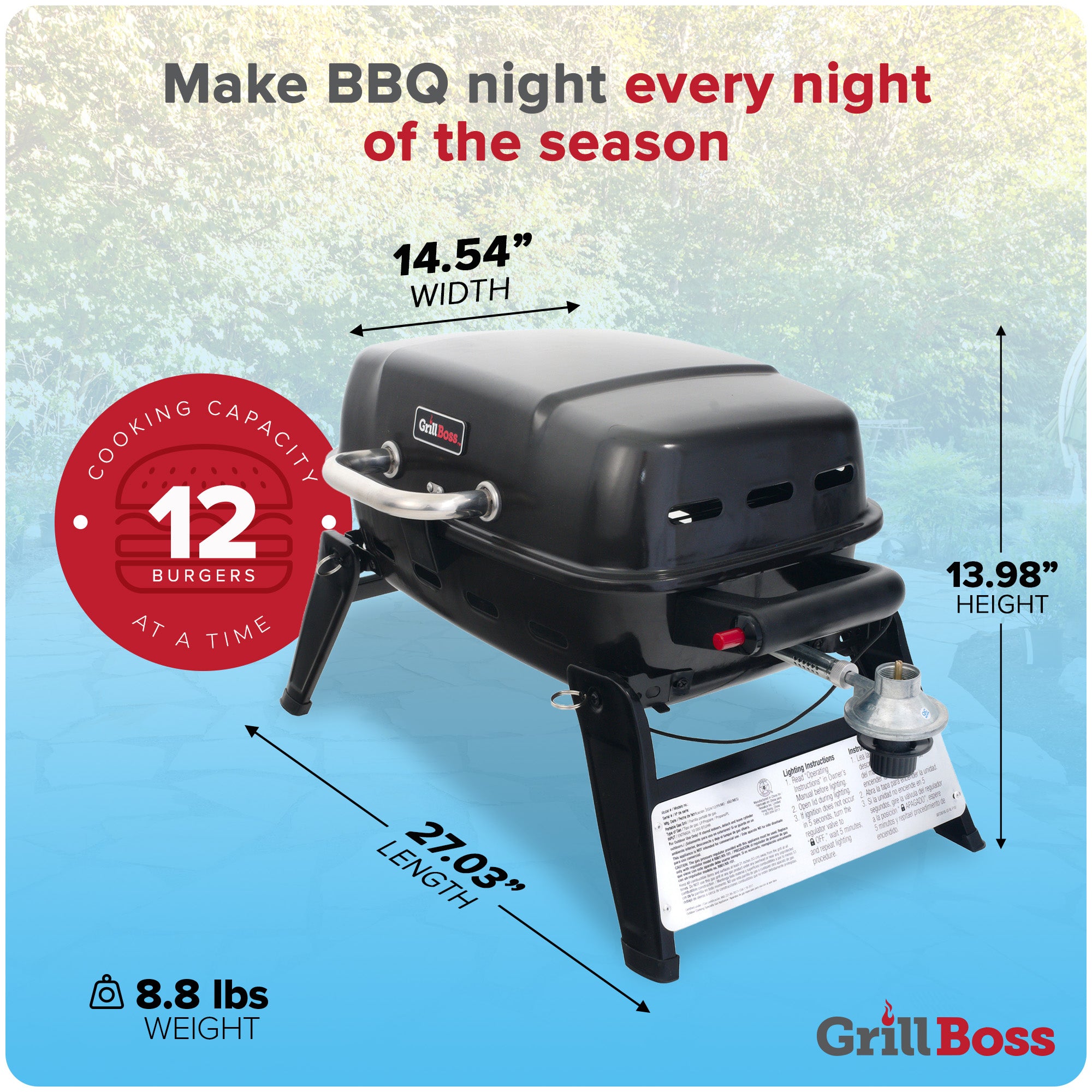 Grill Boss 1 Burner Portable Gas Grill, Propane Tabletop for Outdoor Cooking (Used)