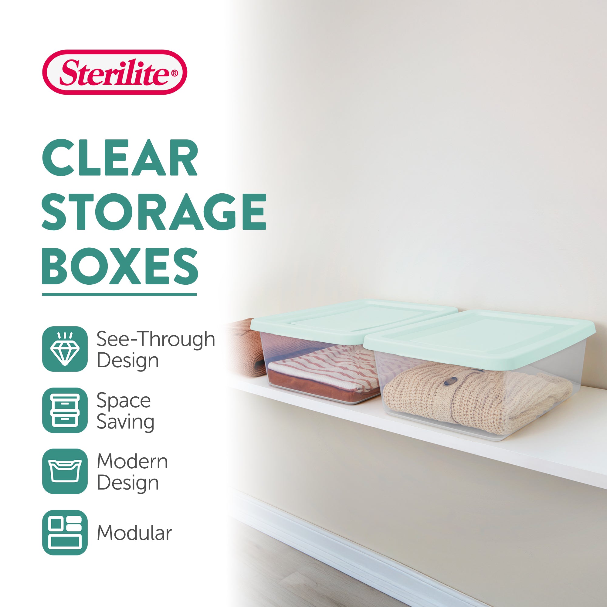 Sterilite 12Qt Storage Boxes, Clear Plastic Containers with Lid, Set of 12, Mint