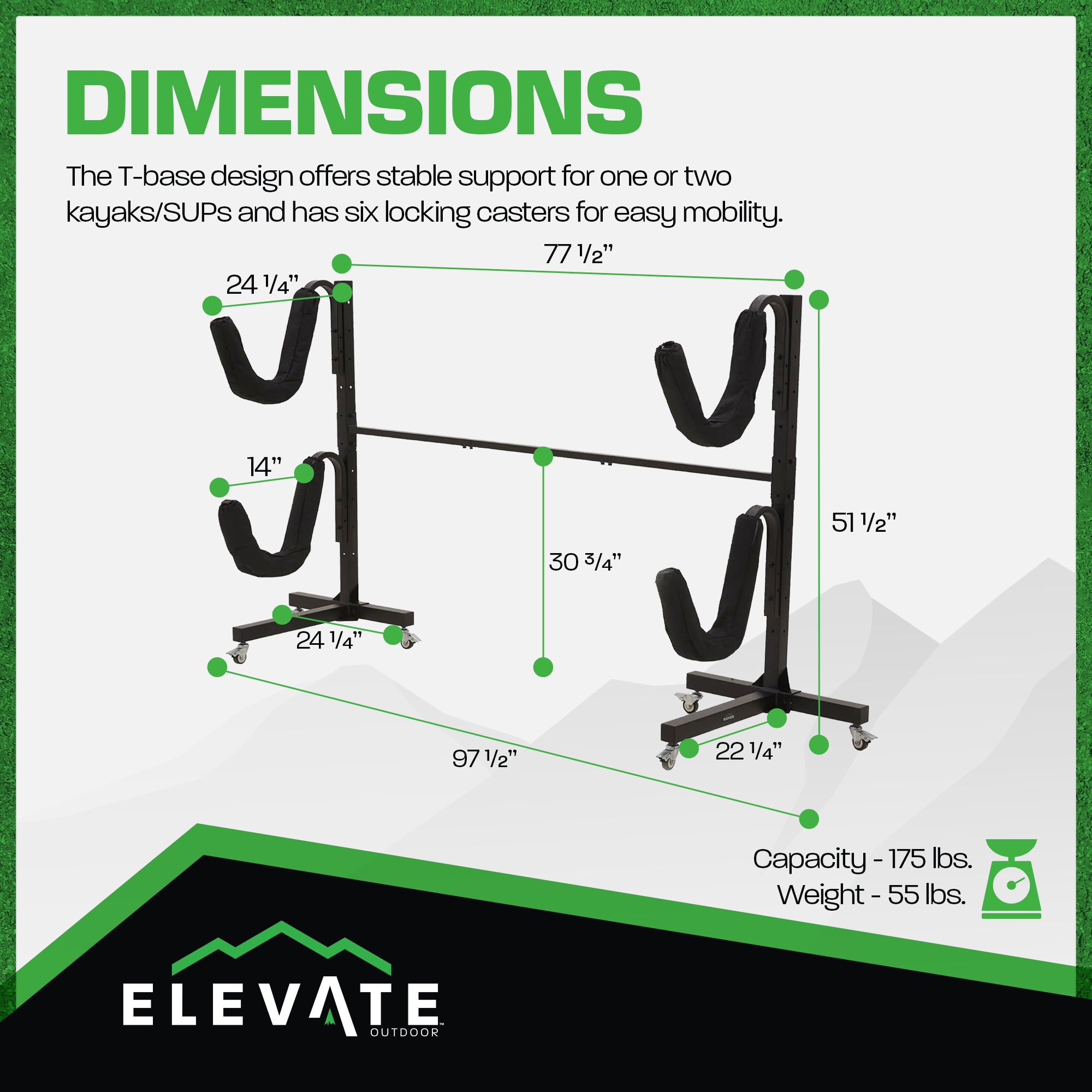 Elevate Outdoor Freestanding Storage Rack for 2 Kayaks or SUPs, 175 lb. Capacity - VMInnovations