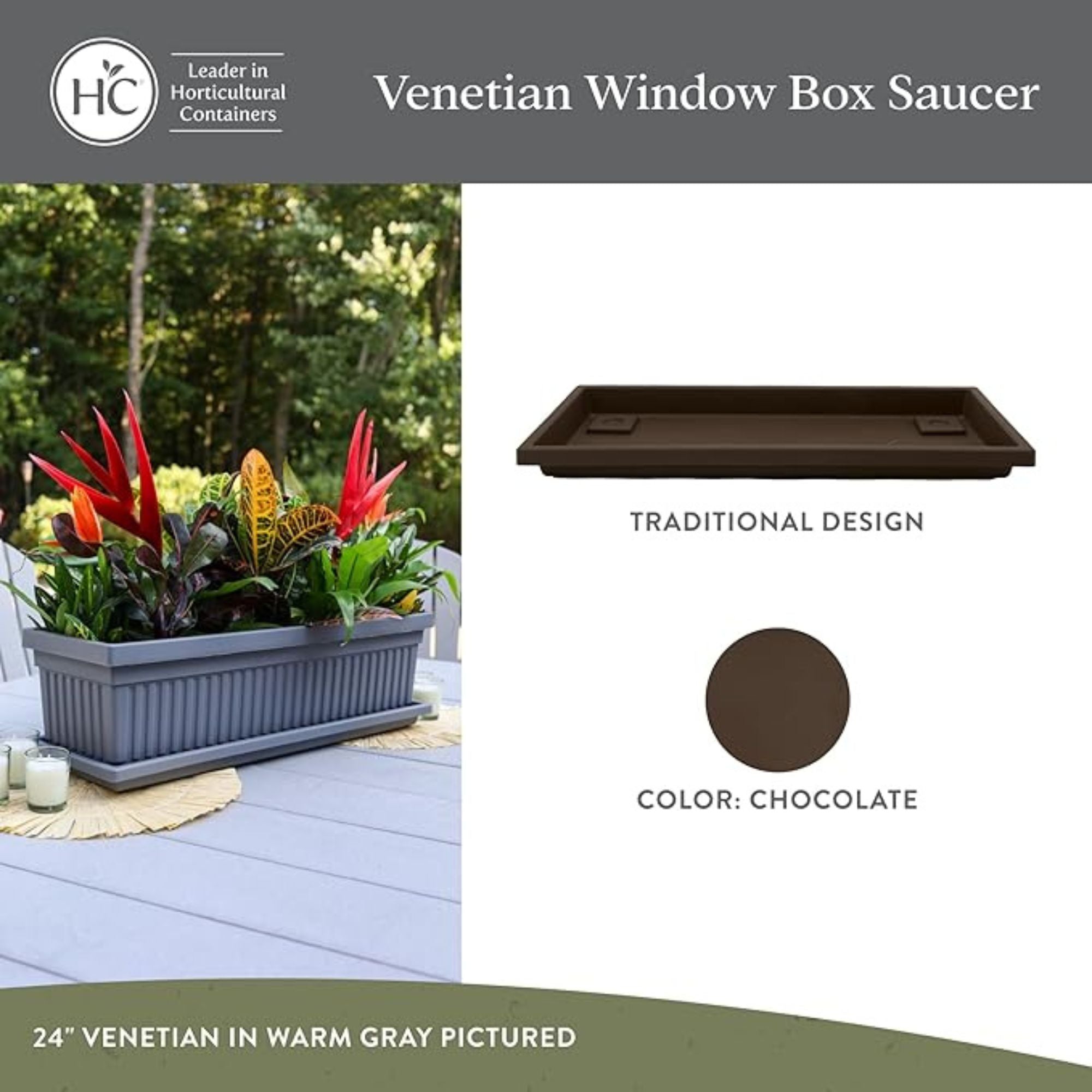 The HC Companies Venetian Rectangular Plant Tray, Plastic Drip Saucer, Chocolate - VMInnovations
