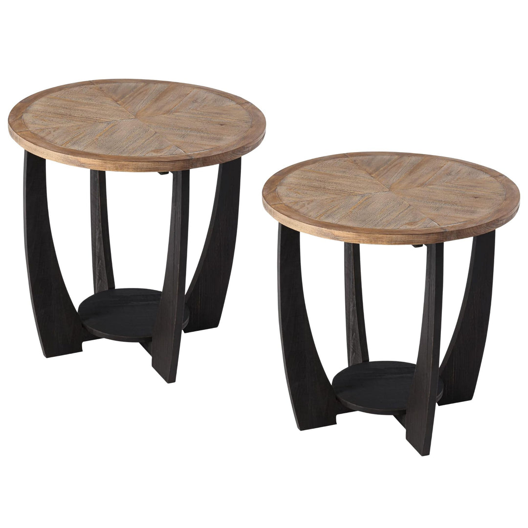 COZAYH Rustic Farmhouse Round End Table, Storage Shelf for Living Room, Set of 2