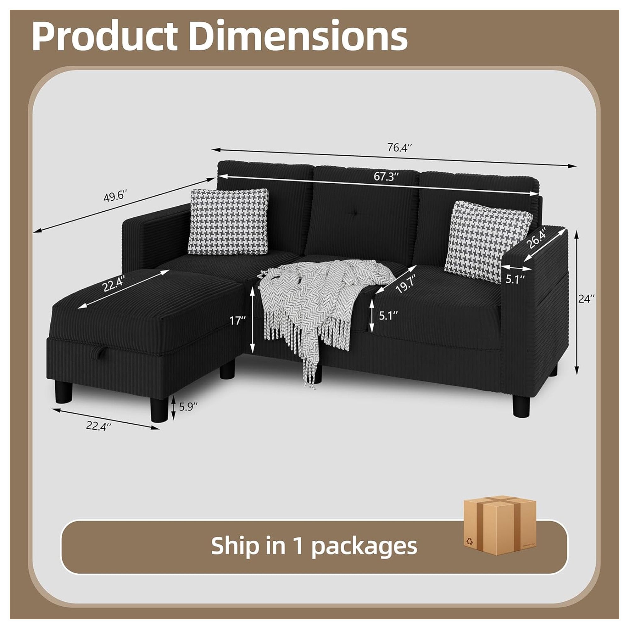 JAMFLY Sectional Sofa Couch with Ottoman, L Shaped 3 Seat Furniture, Black (Used) - VMInnovations