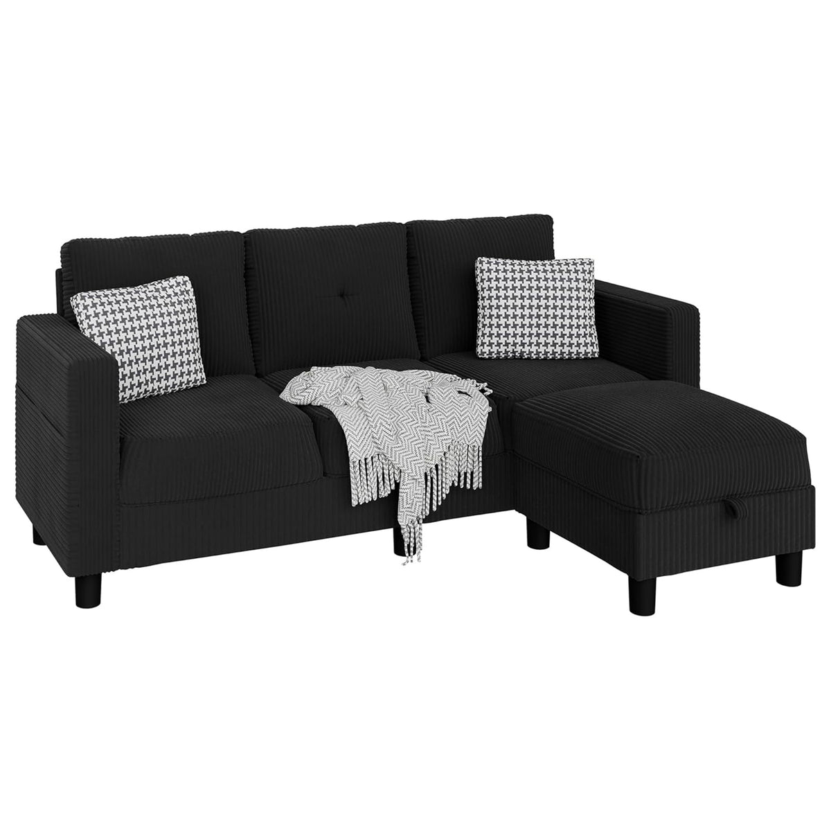 JAMFLY Sectional Sofa Couch with Ottoman, L Shaped 3 Seat Furniture, Black (Used)