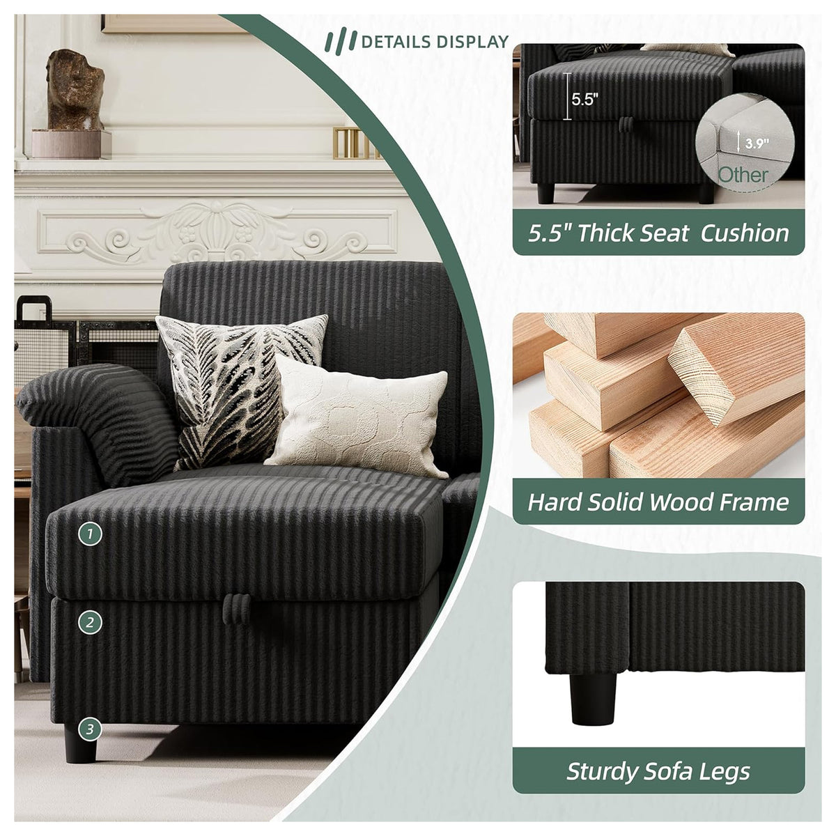 Vongrasig 79" Sectional Sofa w/Ottoman, L Shaped 3 Seat Furniture (For Parts) - VMInnovations