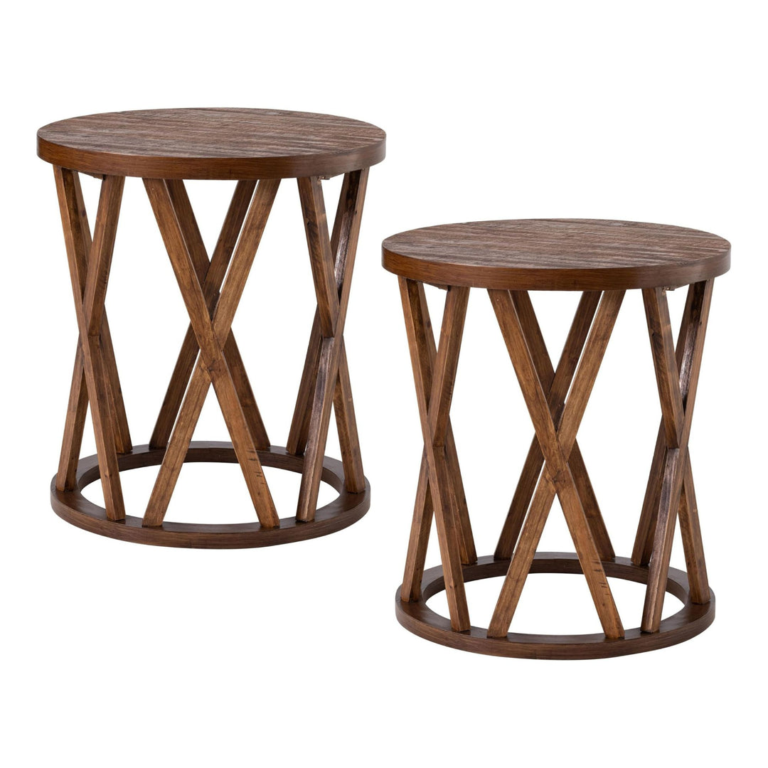 COZAYH Farmhouse End Table, Rustic Round Top with X-Motifs Legs, Brown, Set of 2