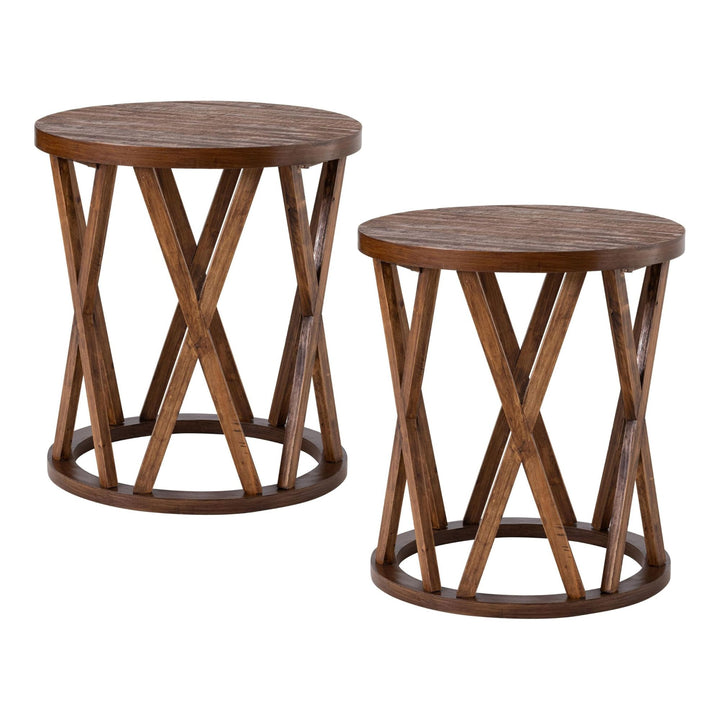 COZAYH Farmhouse End Table, Rustic Round Top with X-Motifs Legs, Brown, Set of 2